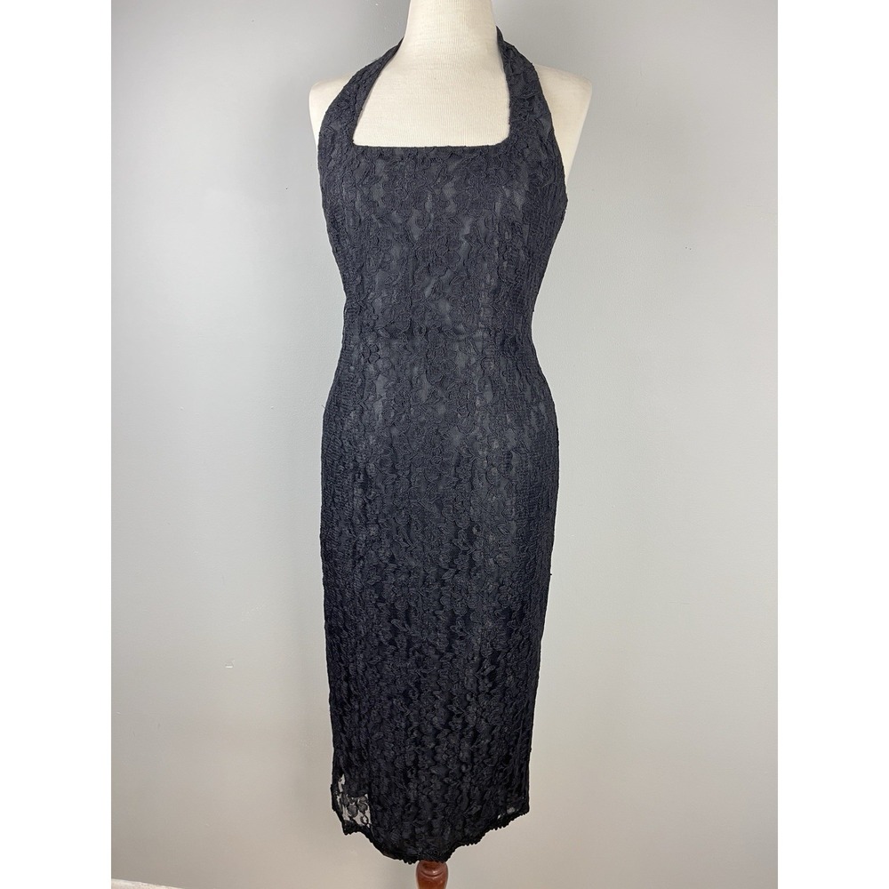 Liz Claiborne Petite Halter Dress Womens 6P Vintage 90s Black Lace Formal Prom